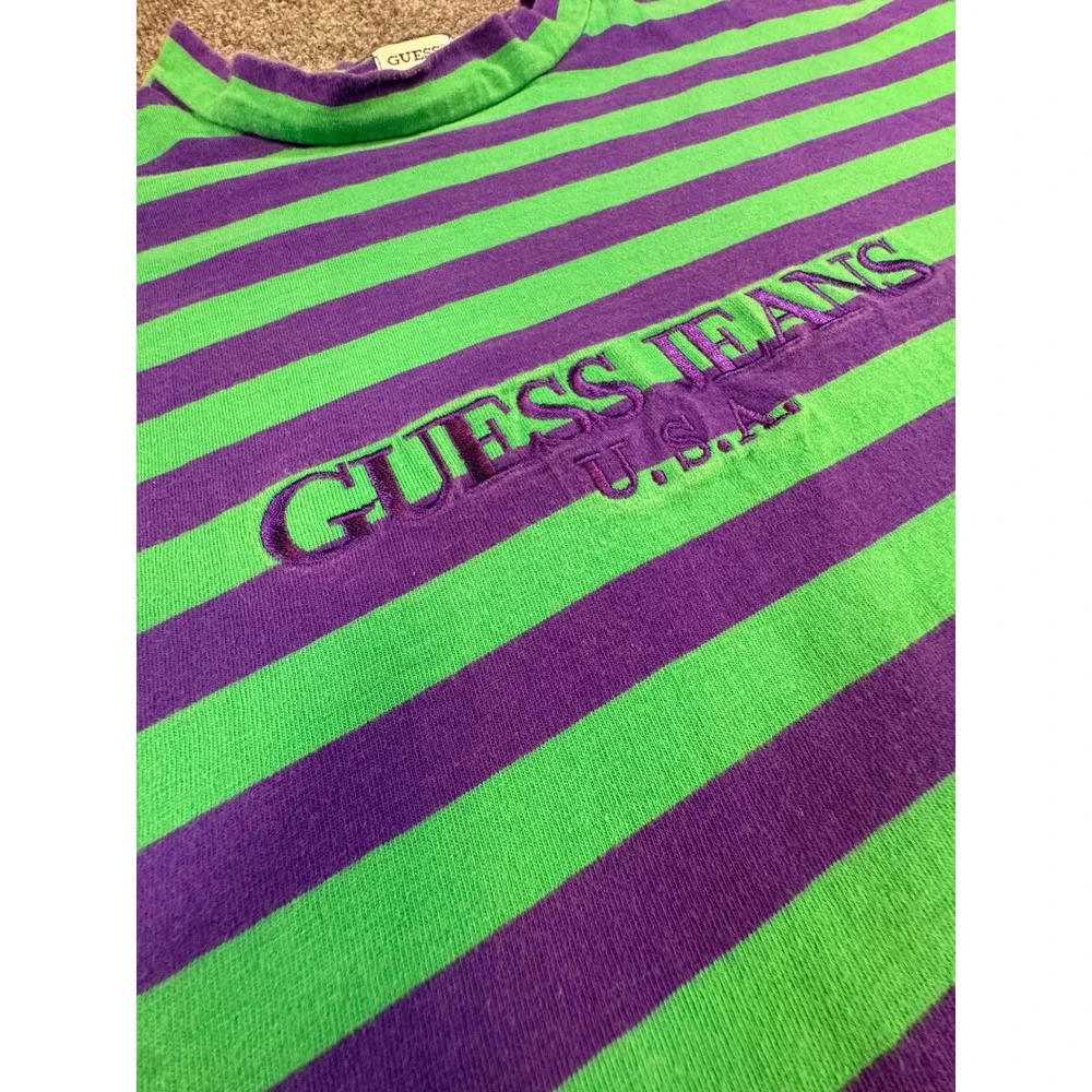 Vintage Guess Jeans USA Striped Shirt USA Purple Green 90s Georges Marciano L - Picture 4 of 6